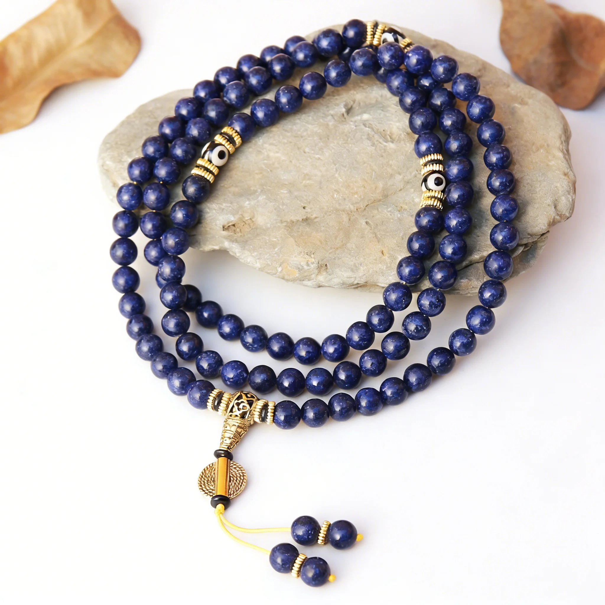 Lapis Lazuli 8-9mm Mala Necklace: Tibetan Prayer Beads, Om Mani Padme Hum Buddhist Prayer Beads